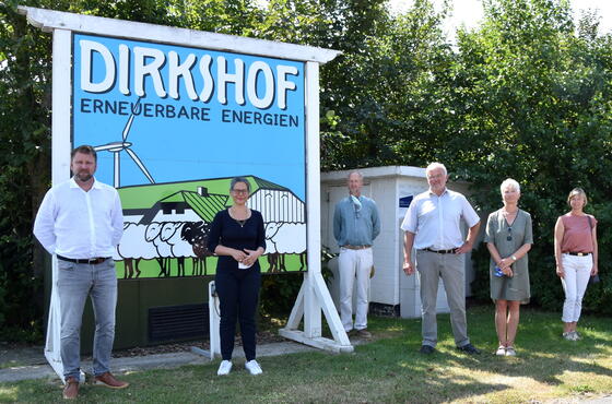 Nina Scheer, eine Frau mittleren Alters mit Brille, dunklem Haar und dunklem Longsleeveshirt, steht mit mehreren anderen Personen vor einem großen Schild mit dem Logo des Dirkshofs am Eingang des Bürgerwindparks. Im Hintergrund sind Büsche und Bäume.
