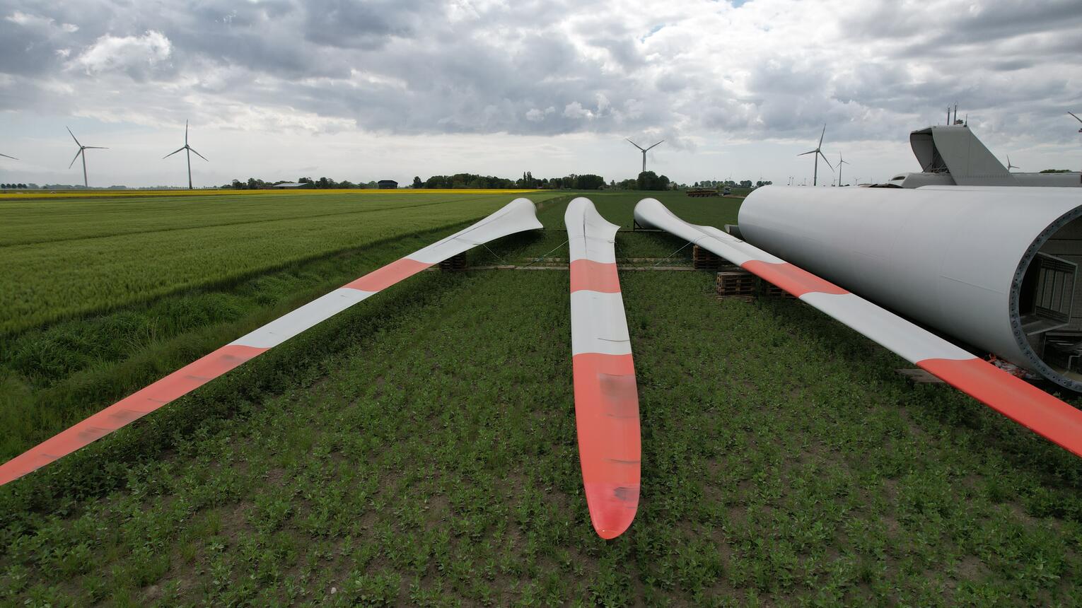 Am Boden liegende Rotorblätter eines in Konstruktion befindlichen Windrads unter bewölktem Himmel.
