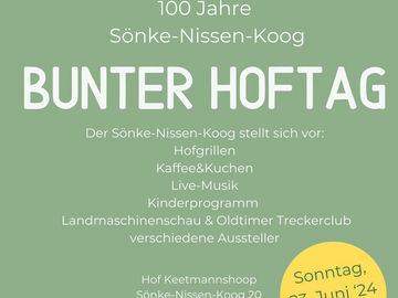 Grafisch gestaltete Einladung zum Bunten Hoftag im Sönke-Nissen-Koog, mit Informationen zum Event auf hellgrünem Hintergrund.