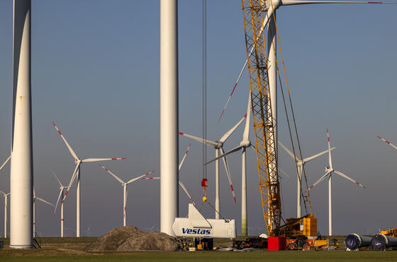Konstruktion eines Windrads inmitten vieler weiterer Windräder mithilfe eines Krans.