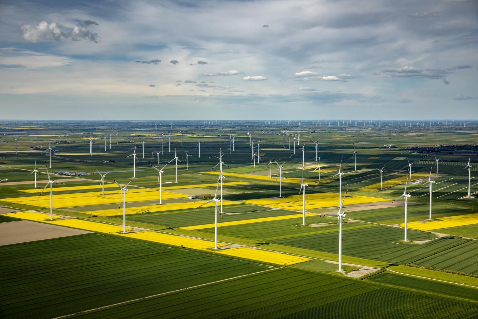 Luftaufnahme des Dirkshofs und des umgebenden Windparks inmitten blühender grüner und gelber Felder, aus einer seitlichen Perspektive.