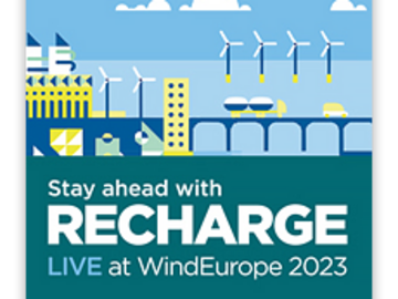 Eine Grafik in Blau-, Grün- und Gelbtönen, auf der steht: „Stay Ahead with RECHARGE“.