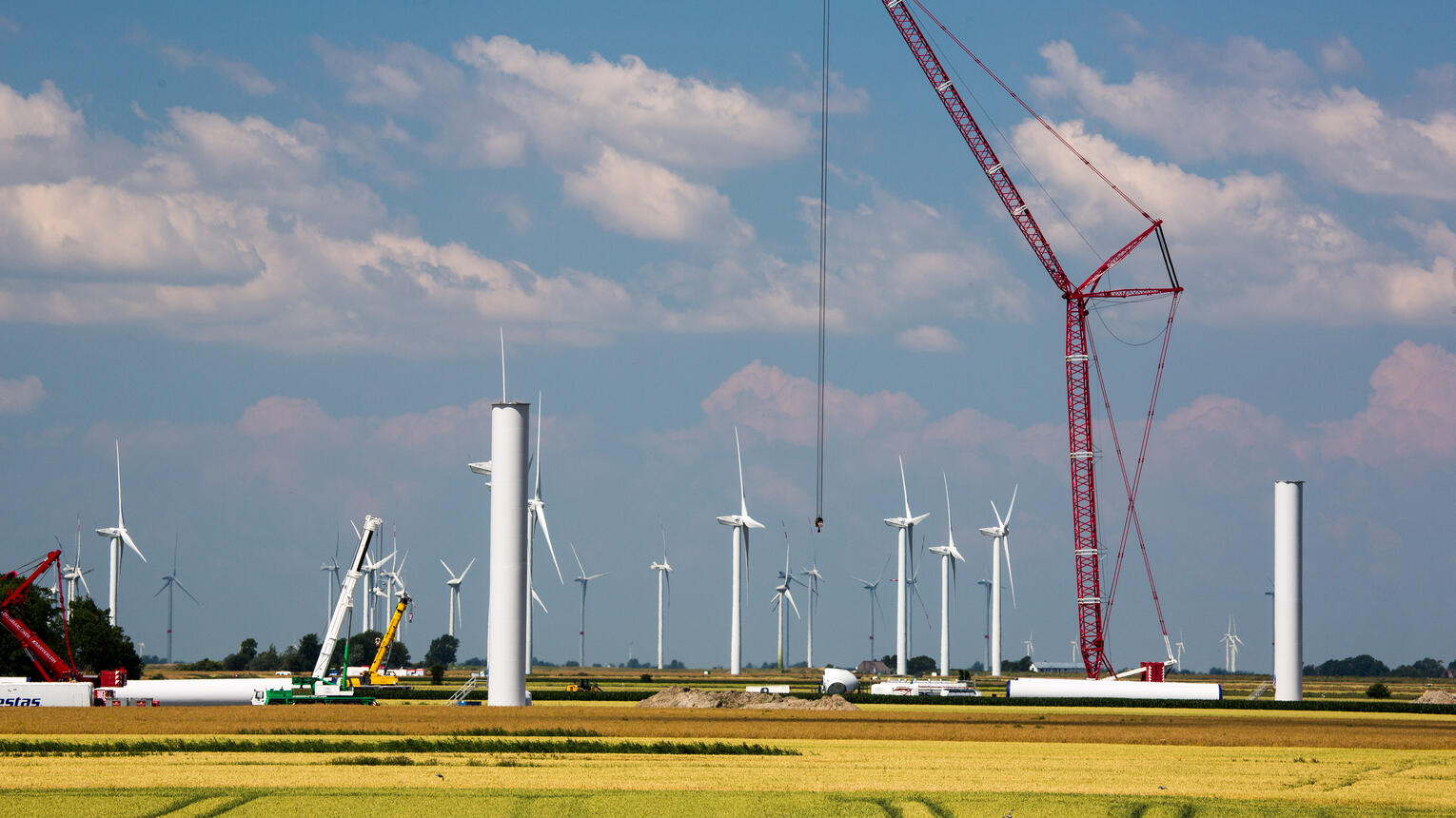 Auf der Baustelle eines Windrads wird mit roten Kränen vor blauem Himmel gearbeitet. Im Vordergrund ein blühendes gelbes Feld.