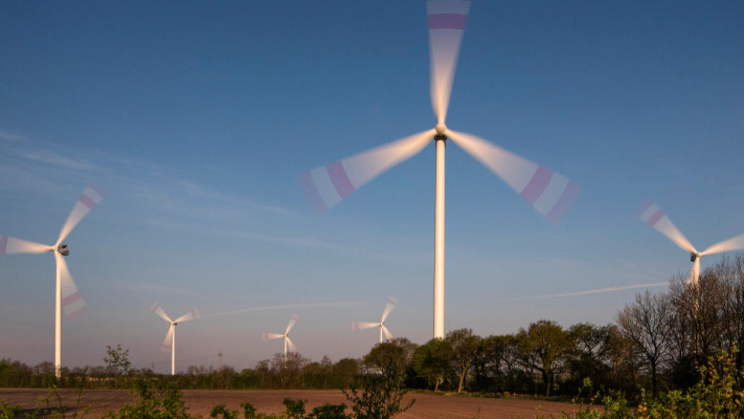 Windräder drehen sich inmitten von Feldern und Wäldern bei warmem Licht.